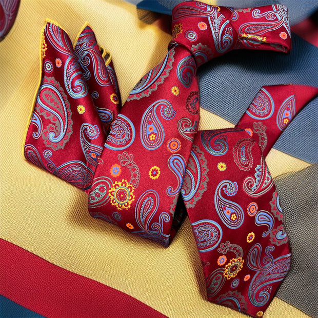 DMITRY Men's Red Patterned Italian Silk Tie & Pocket Square Set - Limited Edition