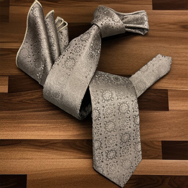 DMITRY Men's Dark Champagne Patterned Italian Silk Tie & Pocket Square Set - Limited Edition