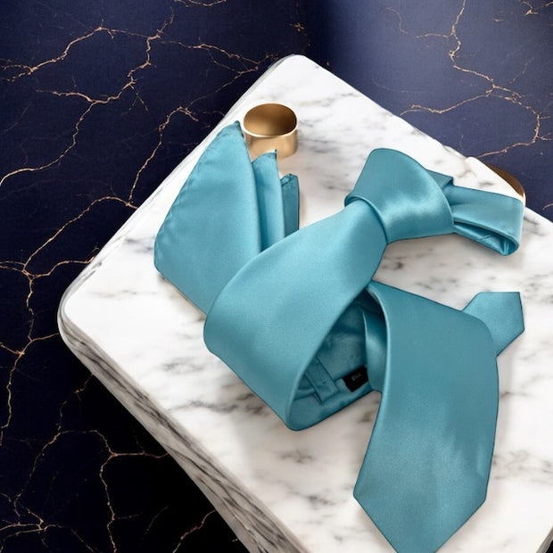DMITRY Men's Solid Teal Blue Italian Silk Tie & Pocket Square Set