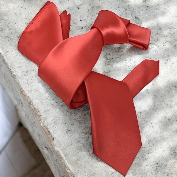DMITRY Men's Solid Coral Italian Silk Tie & Pocket Square Set