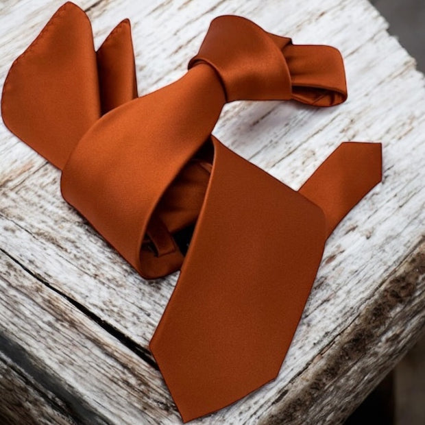 DMITRY Men's Solid Rust Orange Italian Silk Tie & Pocket Square Set
