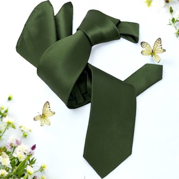 DMITRY Men's Solid Green Italian Silk Tie & Pocket Square Set