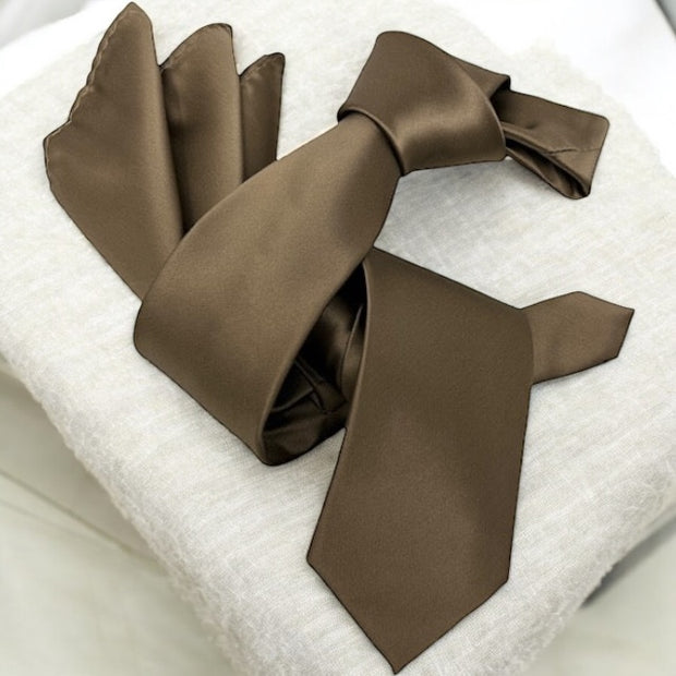 DMITRY Men's Solid Light Brown Italian Silk Tie & Pocket Square Set