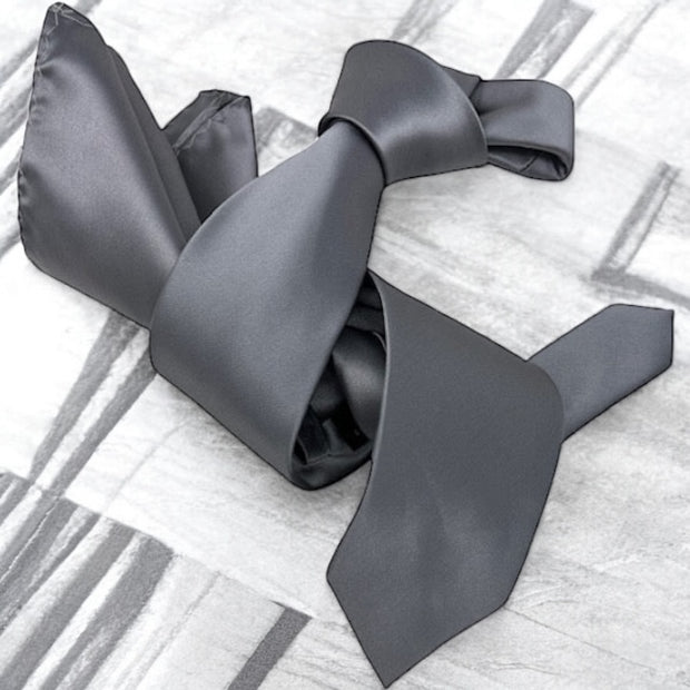 DMITRY Men's Solid Grey Italian Silk Tie & Pocket Square Set