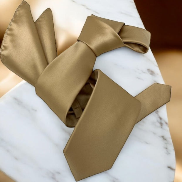 DMITRY Men's Solid Gold Italian Silk Tie & Pocket Square Set