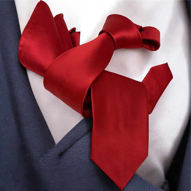 DMITRY Men's Solid Red Italian Silk Tie & Pocket Square Set