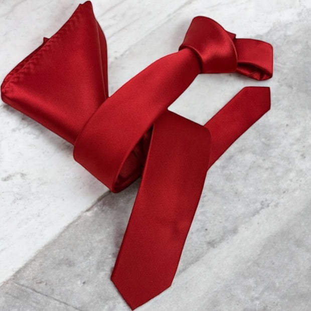Dmitry Men's Solid Red Italian Silk Skinny Tie & Pocket Square Set