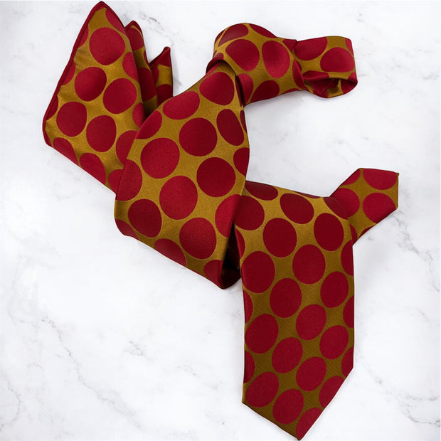 DMITRY 7-Fold Men's Red/Gold Polka Dot Italian Silk Tie & Pocket Square Set