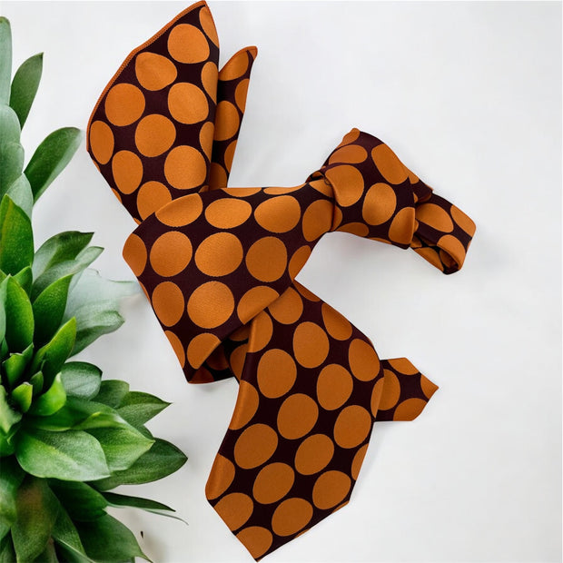 DMITRY 7-Fold Men's Orange/Burgundy Polka Dot Patterned Italian Silk Tie & Pocket Square Set