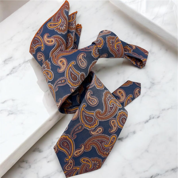 DMITRY 7-Fold Men's Denim Blue Patterned Italian Silk Tie & Pocket Square Set