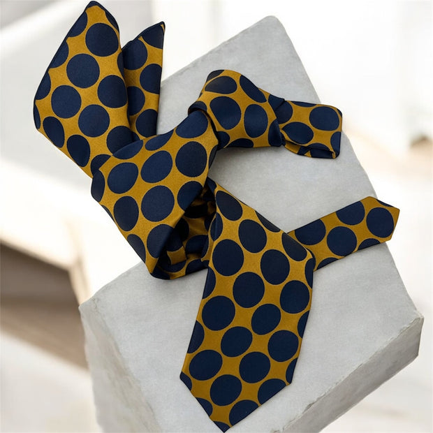 DMITRY 7-Fold Men's Navy/Gold Polka Dot Italian Silk Tie & Pocket Square Set