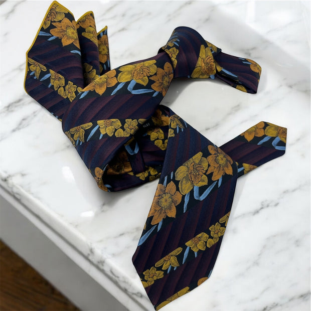 DMITRY Men's Maroon Floral Patterned Italian Silk Tie & Pocket Square Set