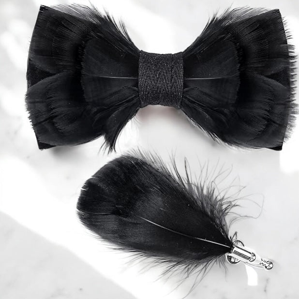 Handmade Feather Black Patterned Pre-Tied Bow Tie