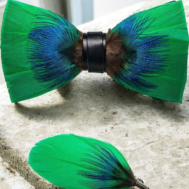 Handmade Feather Pre-Tied Bow Tie & Lapel Pin Set