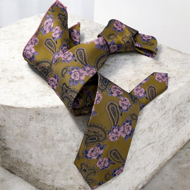 DMITRY Men's Gold Patterned Italian Silk Tie & Pocket Square Set - Limited Edition