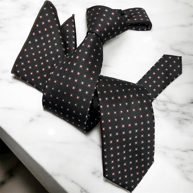 DMITRY Men's Black Patterned Italian Silk Tie & Pocket Square Set - Limited Edition