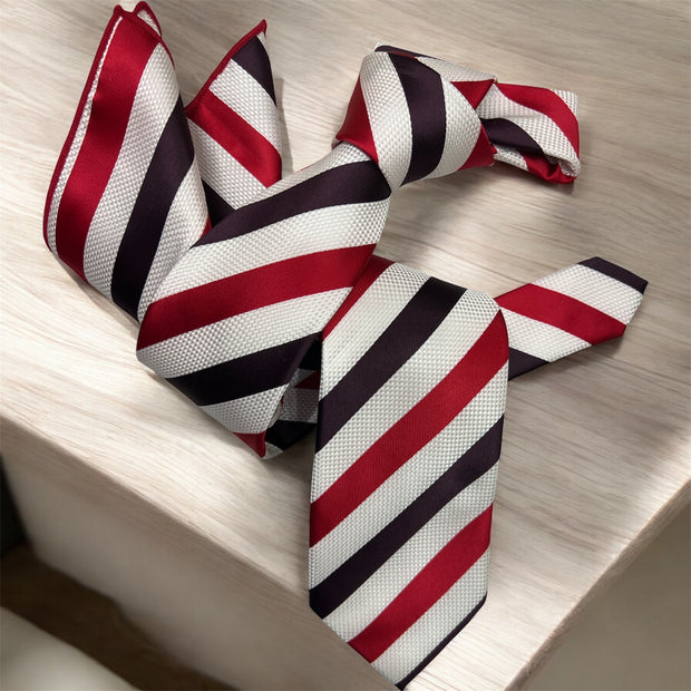 DMITRY Men's White Striped Italian Silk Tie & Pocket Square Set - Limited Edition