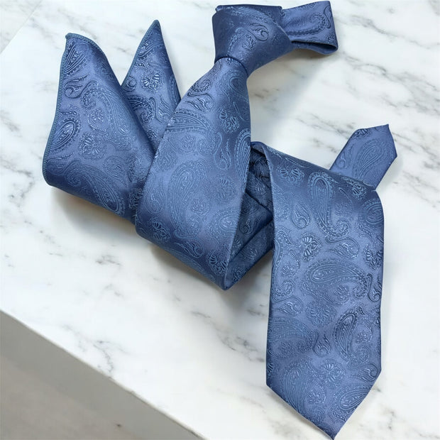 DMITRY Men's Blue Patterned Italian Silk Tie & Pocket Square Set - Limited Edition