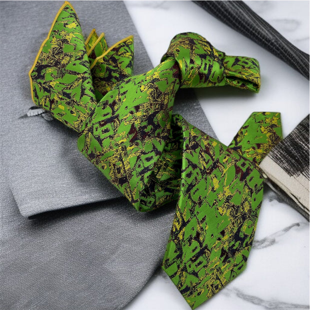 DMITRY 7-Fold Men's Green Patterned Italian Silk Tie & Pocket Square Set