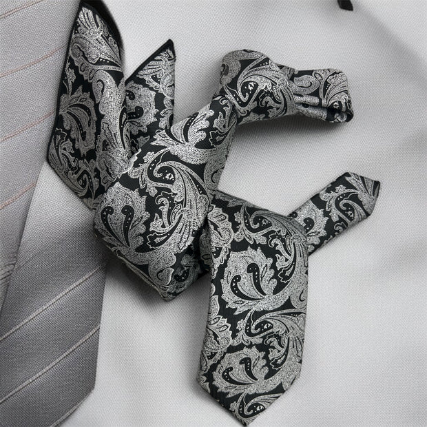 DMITRY Men's Grey Patterned Italian Silk Tie & Pocket Square Set - Limited Edition