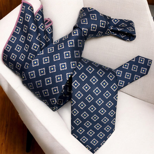 DMITRY Men's Navy Patterned Italian Silk Tie & Pocket Square Set - Limited Edition