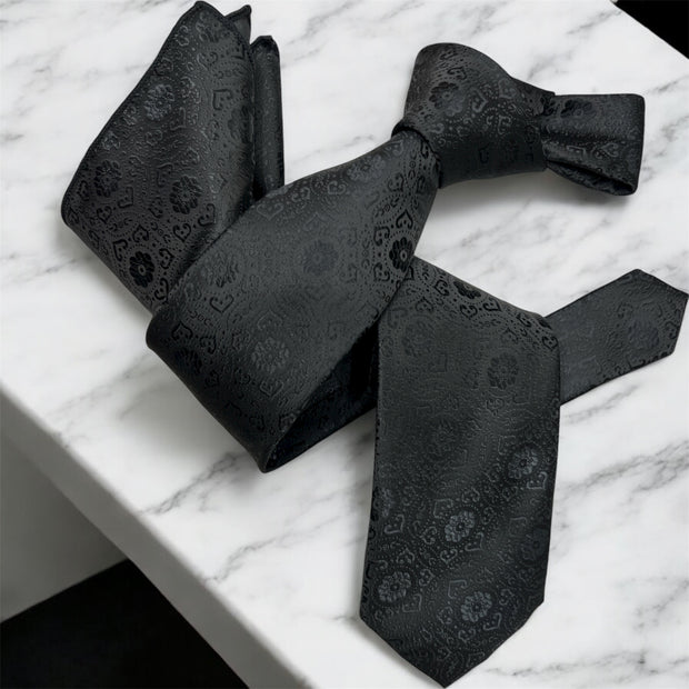 DMITRY Men's Black Patterned Italian Silk Tie & Pocket Square Set - Limited Edition
