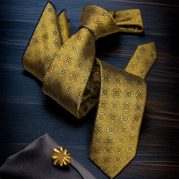 DMITRY Men's Gold Patterned Italian Silk Tie & Pocket Square Set - Limited Edition