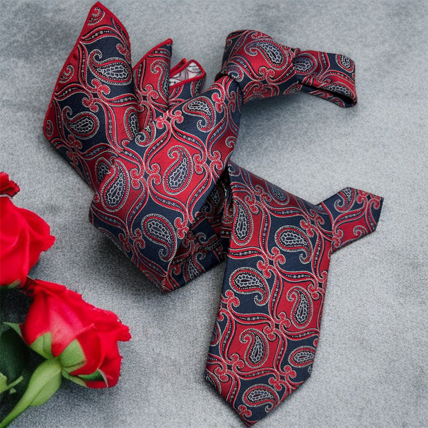 DMITRY Men's Red Patterned Italian Silk Tie & Pocket Square Set - Limited Edition