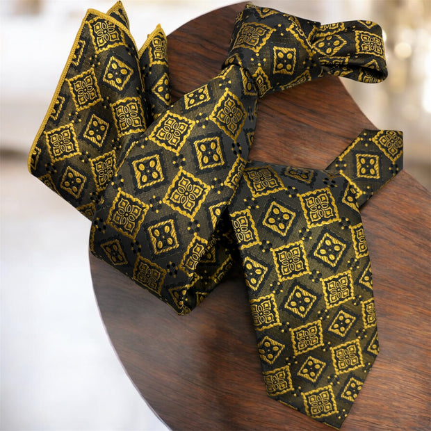 DMITRY Men's Gold Patterned Italian Silk Tie & Pocket Square Set - Limited Edition