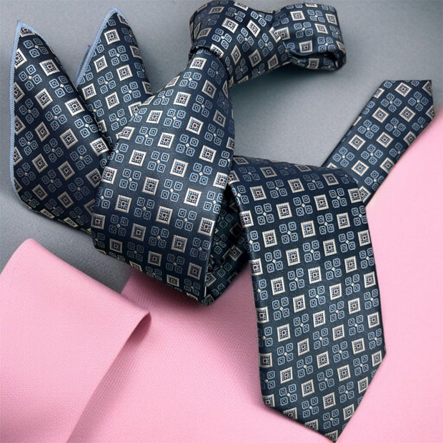 DMITRY Men's Blue Patterned Italian Silk Tie & Pocket Square Set - Limited Edition