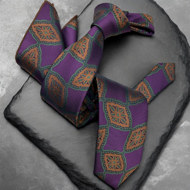 DMITRY Men's Purple Patterned Italian Silk Tie & Pocket Square Set - Limited Edition