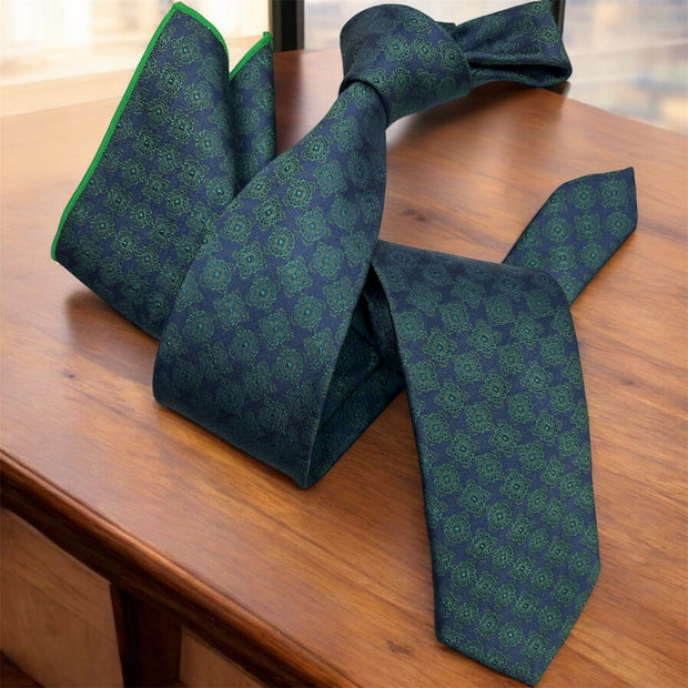 DMITRY Men's Green Patterned Italian Silk Tie & Pocket Square Set - Limited Edition