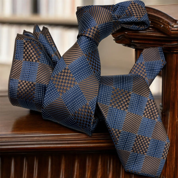 DMITRY Men's Brown/Blue Patterned Italian Silk Tie & Pocket Square Set - Limited Edition