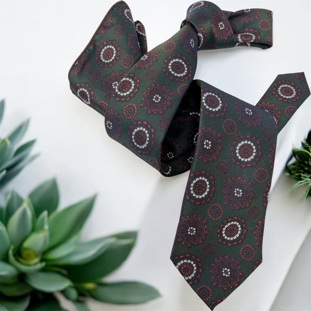 DMITRY Men's Green Patterned Italian Silk Tie & Pocket Square Set - Limited Edition