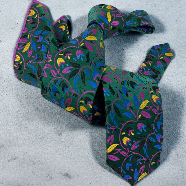 DMITRY 7-Fold Men's Green Patterned Italian Silk Tie & Pocket Square Set (Limited Edition)