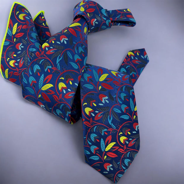 DMITRY 7-Fold Men's Blue Patterned Italian Silk Tie & Pocket Square Set (Limited Edition)