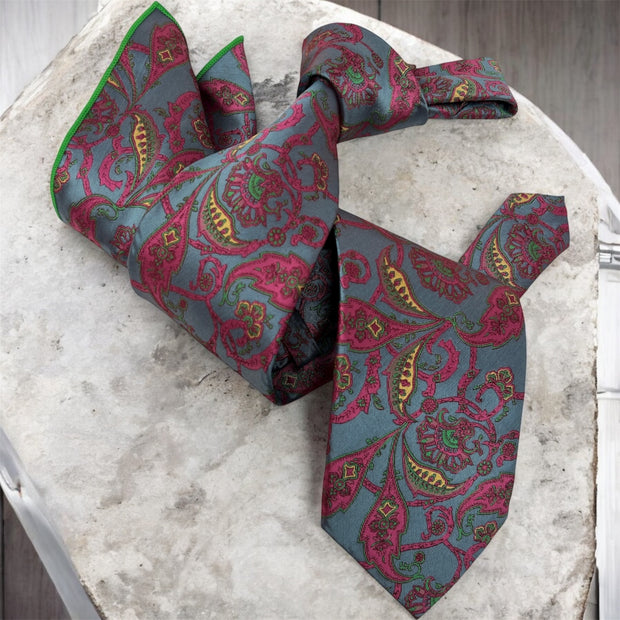 DMITRY 7-Fold Men's Teal Patterned Italian Silk Tie & Pocket Square Set (Limited Edition)