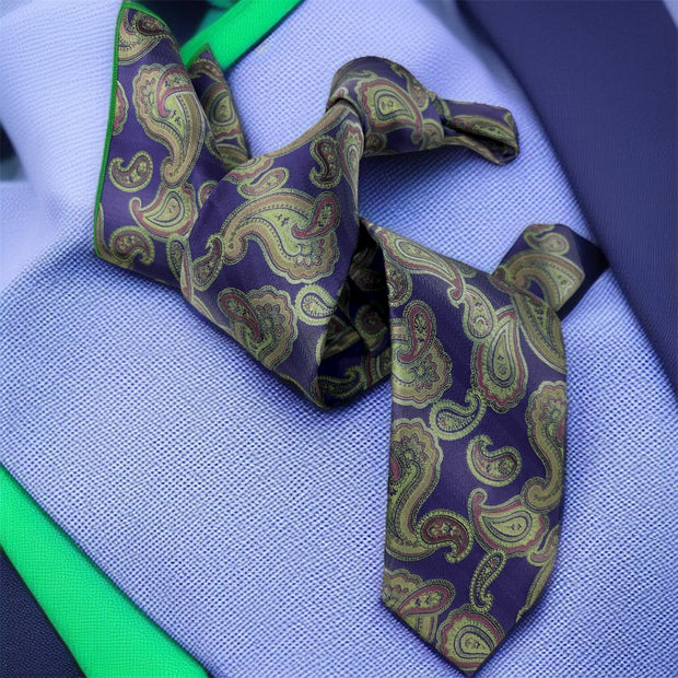 DMITRY 7-Fold Men's Purple Patterned Italian Silk Tie & Pocket Square Set (Limited Edition)