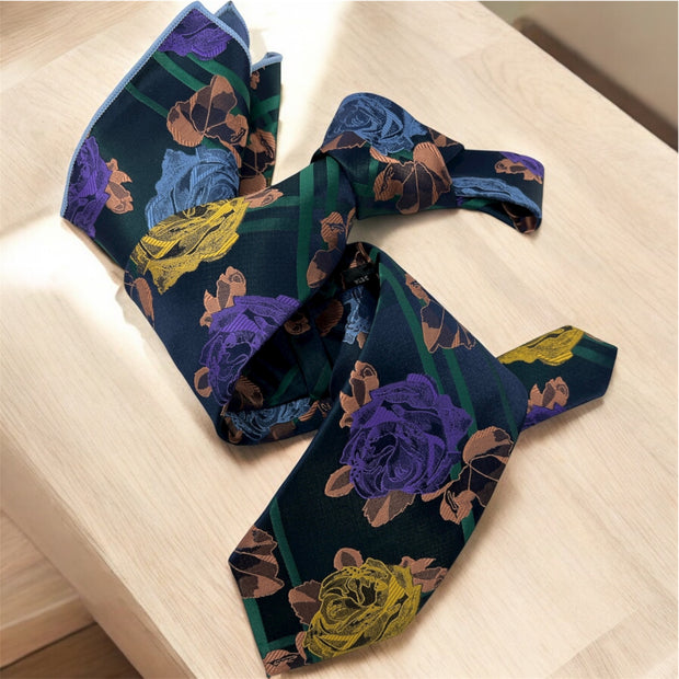 DMITRY 7-Fold Men's Green Patterned Italian Silk Tie & Pocket Square Set