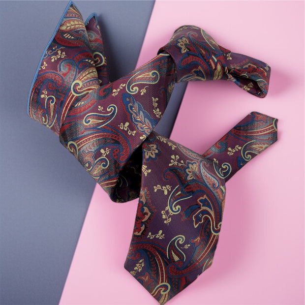 DMITRY 7-Fold Men's Magenta Patterned Italian Silk Tie & Pocket Square Set