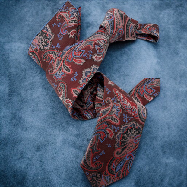 DMITRY 7-Fold Men's Scarlet Red Patterned Italian Silk Tie & Pocket Square Set
