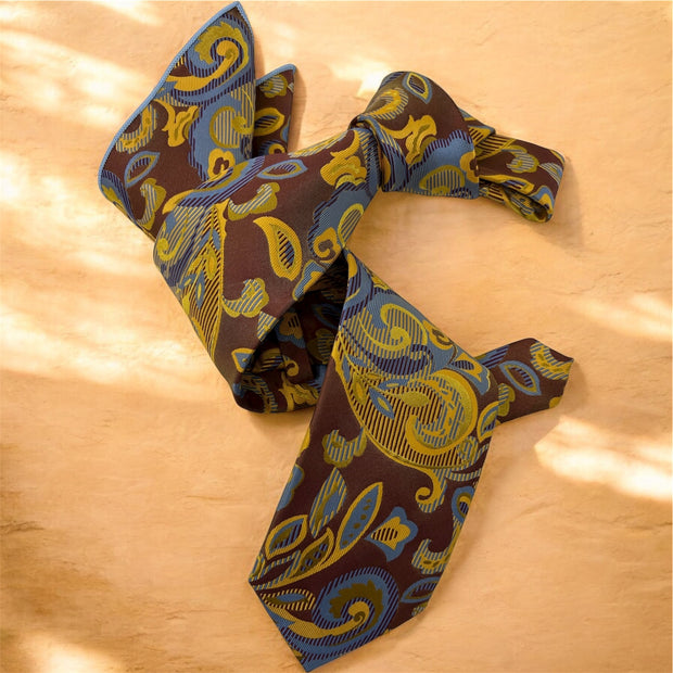 DMITRY 7-Fold Men's Caramel Brown Patterned Italian Silk Tie & Pocket Square Set