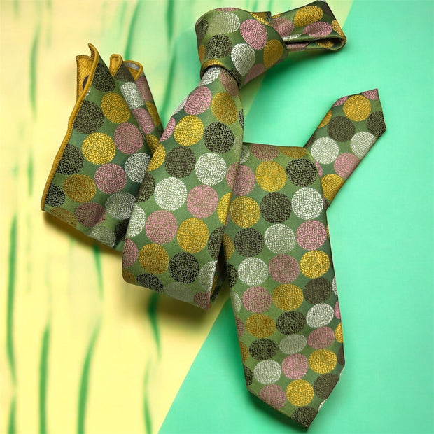 DMITRY Men's Green Patterned Italian Silk Semi Skinny Tie & Pocket Square Set
