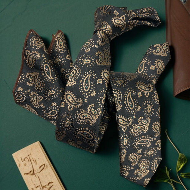 DMITRY Men's Brown Patterned Italian Silk Semi Skinny Tie & Pocket Square Set