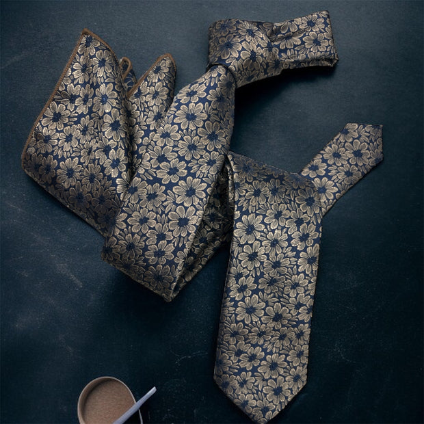 DMITRY Men's Champagne Patterned Italian Silk Semi Skinny Tie & Pocket Square Set