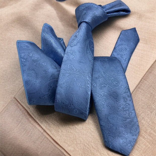 DMITRY Men's Blue Patterned Italian Silk Semi Skinny Tie & Pocket Square Set