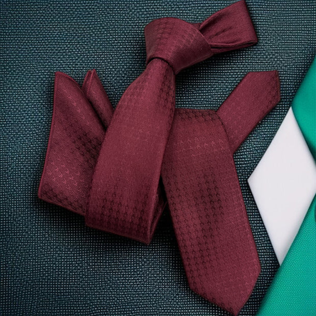 DMITRY Men's Burgundy Patterned Italian Silk Semi Skinny Tie & Pocket Square Set