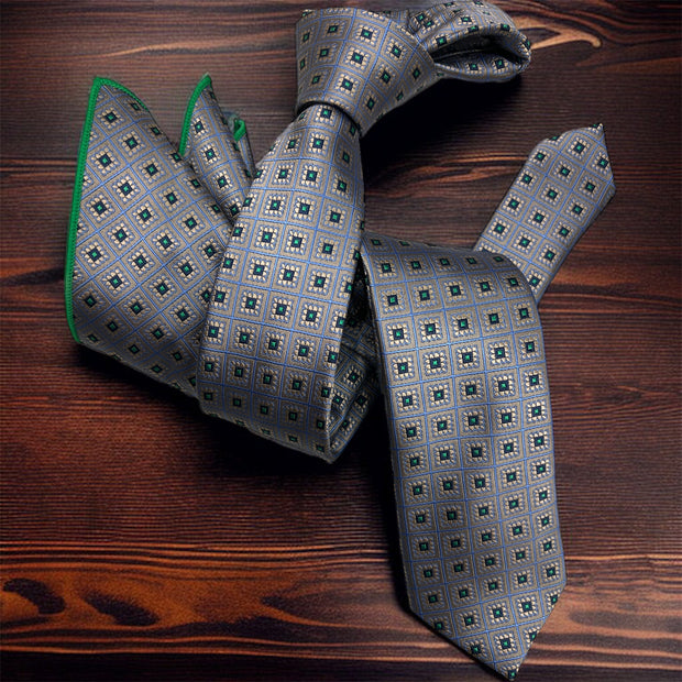 DMITRY Men's Grey Patterned Italian Silk Semi Skinny Tie & Pocket Square Set