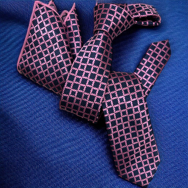 DMITRY Men's Pink Patterned Italian Silk Semi Skinny Tie & Pocket Square Set
