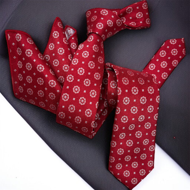 DMITRY Men's Red Patterned Italian Silk Semi Skinny Tie & Pocket Square Set